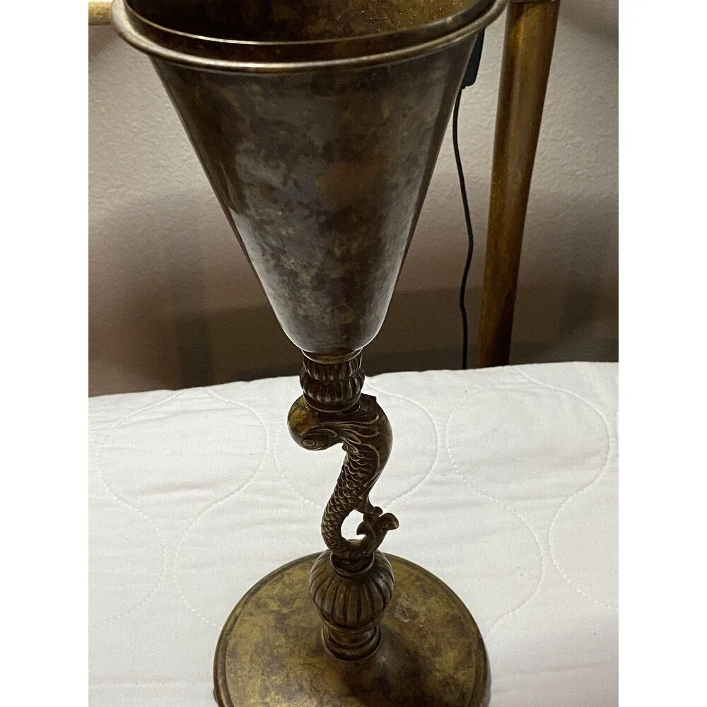 Brass Candle Holder With Koi Fish Vessel Unique Vintage With Patina